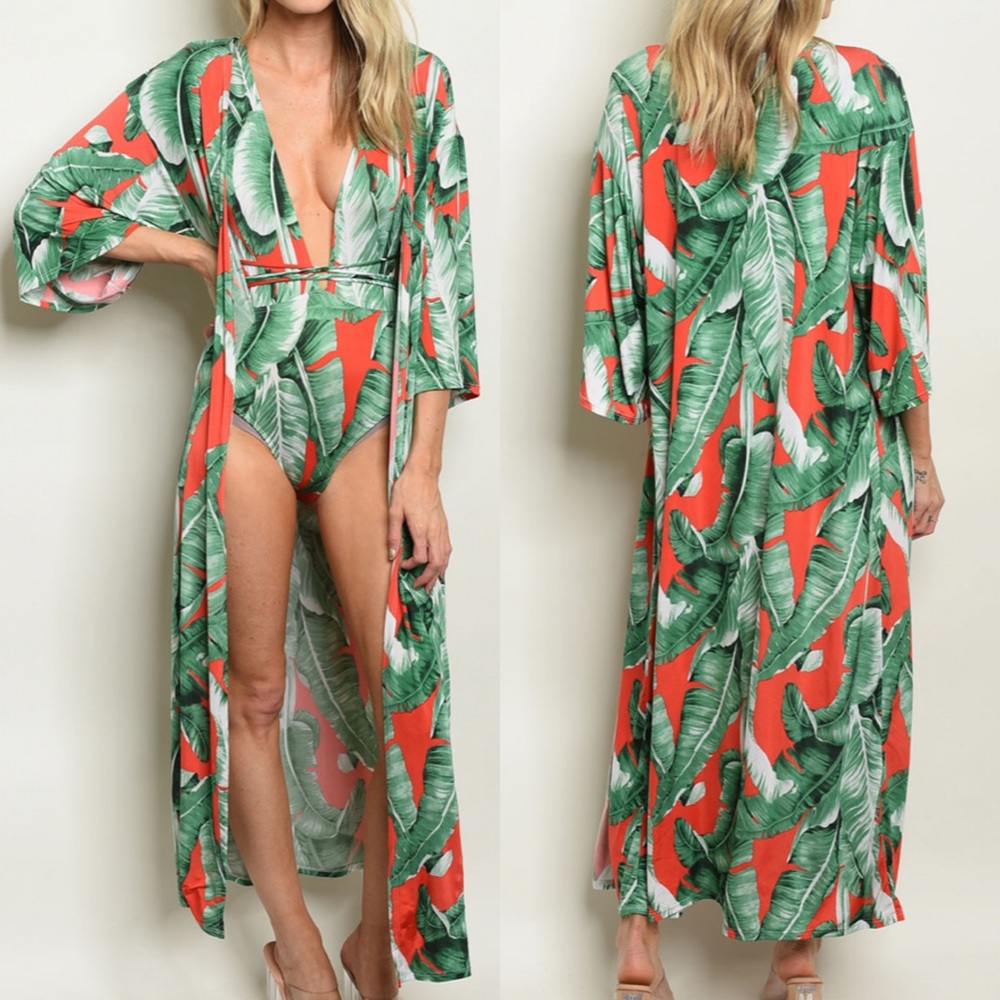 ☀️LAST2️⃣//RED PALM LEAVES BODYSUIT KIMONO SET - Picture 1 of 7